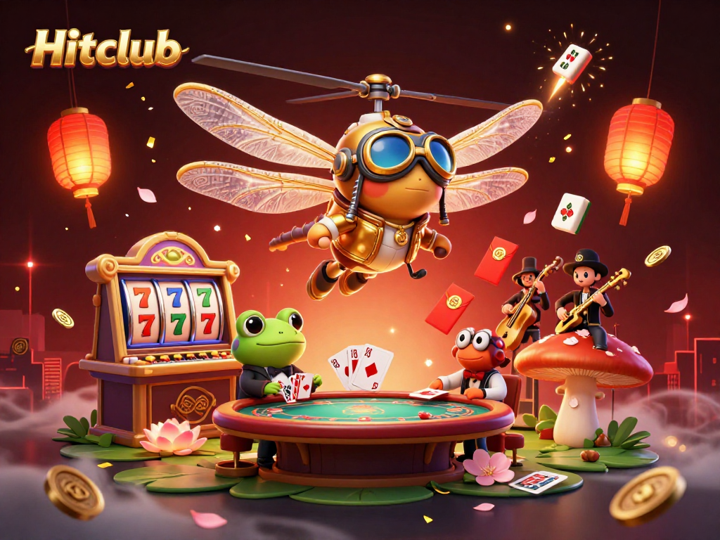 Engage with Hitclub's vibrant casino scene featuring dynamic dragonfly pilot, frog dealer, and lively musicians.