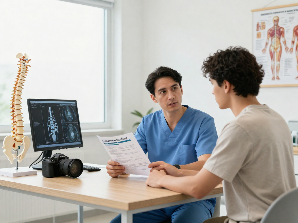 Bel kayması ameliyatı consultation showing surgeon explaining treatment options to a patient in a modern medical setting.