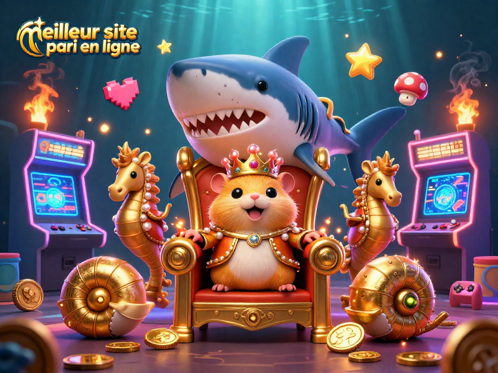 Pariez intelligemment sur le meilleur site pari en ligne avec cette illustration captivante d'un roi hamster entouré de gardes et d'écrans de jeu colorés.