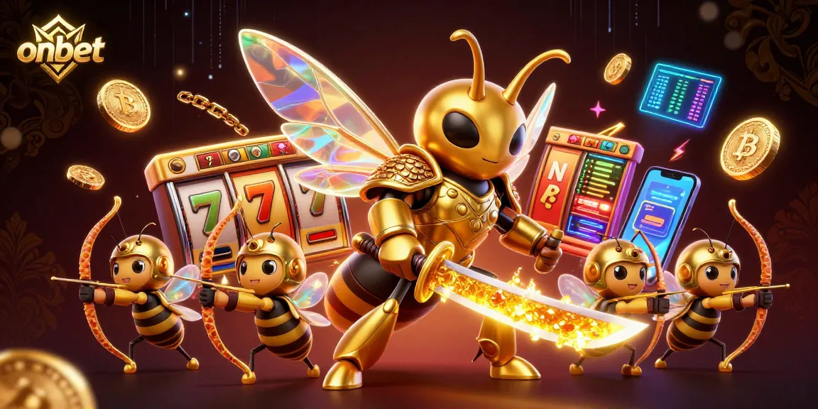 Engage with onbet's vibrant online casino features in a lively 3D scene filled with action.