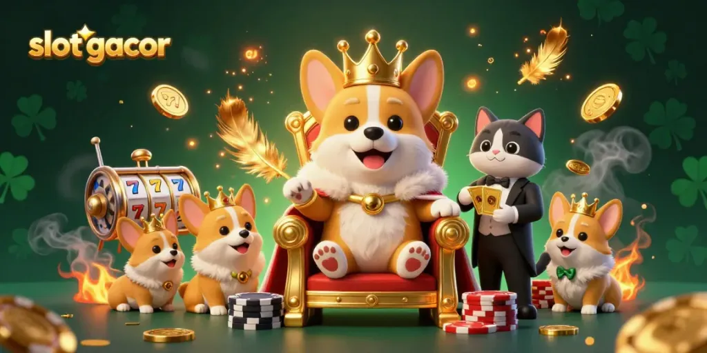Experience the excitement of slot gacor with a royal corgi on a throne of poker chips, presenting engaging gameplay elements.