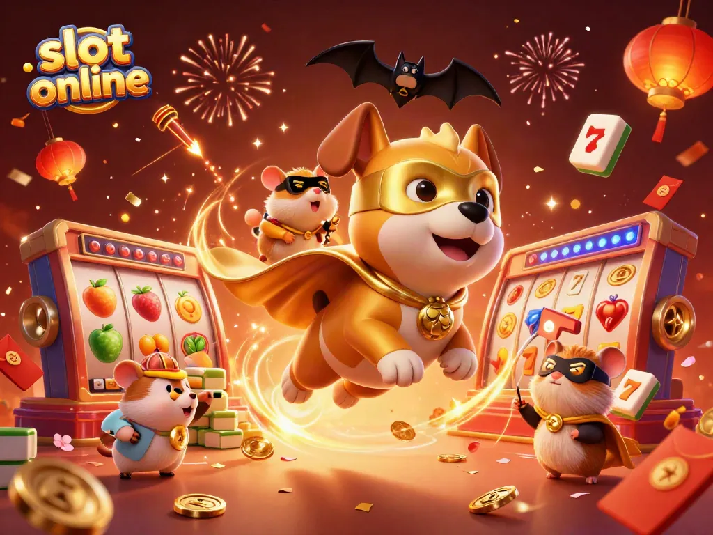 Engaging slot online scene with a superhero dog and hamster celebrating wins amidst vibrant slot reels and casino elements.
