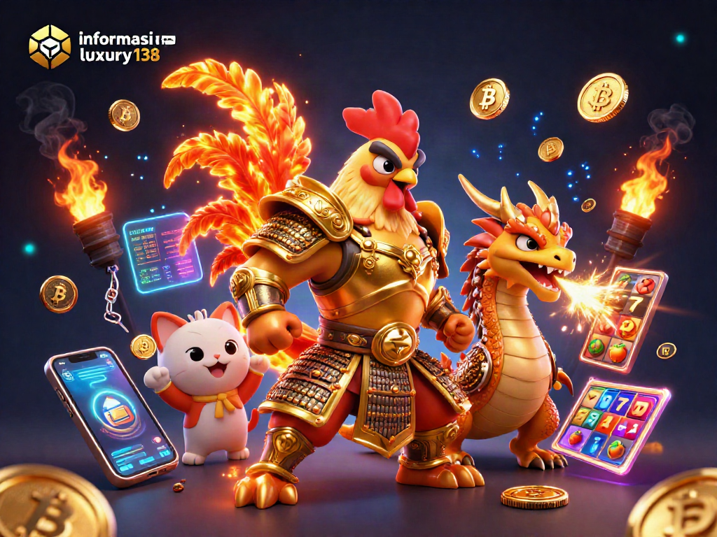 Informasi rtp luxury138 pada ilustrasi slot yang penuh dengan simbol keberuntungan dan petarung ayam berani.