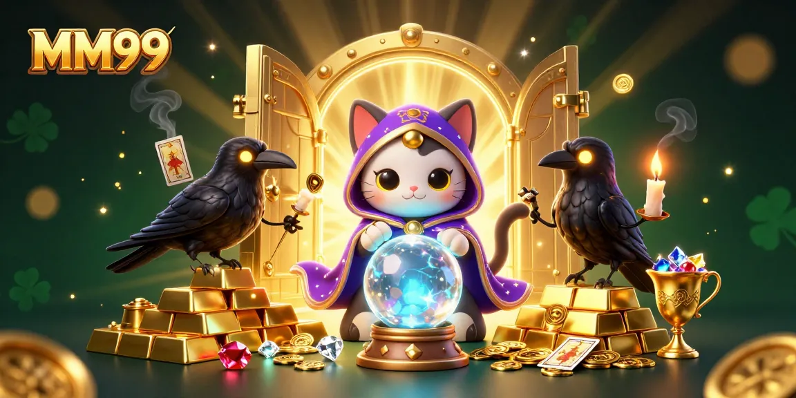 Join the exciting world of MM99, featuring a mystical cat, a tarot raven, and vibrant casino treasures.