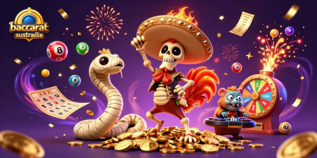 Experience the thrill of baccarat online Australia with vibrant games and festive characters celebrating wins.